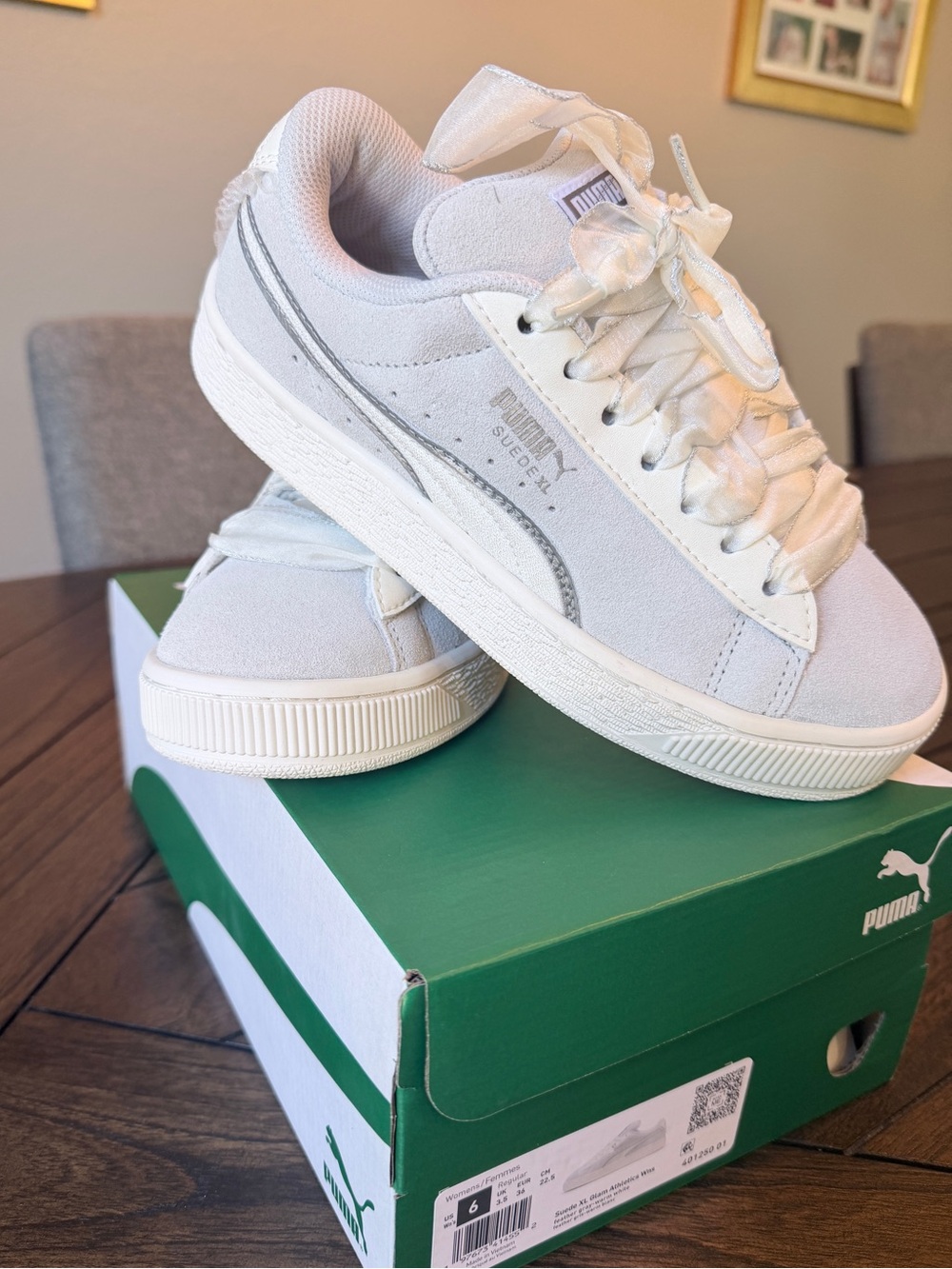 Puma Women’s Feather Grey/Warm White Suede Sneakers with Silver Accents NWT